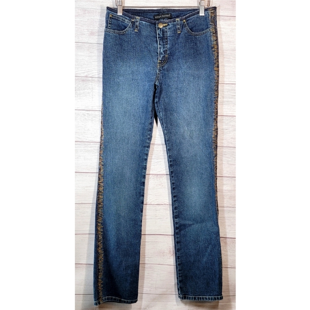 Sergio Valente Jeans Denim Embroidered Seam Detail Raw Waistline Boho Western